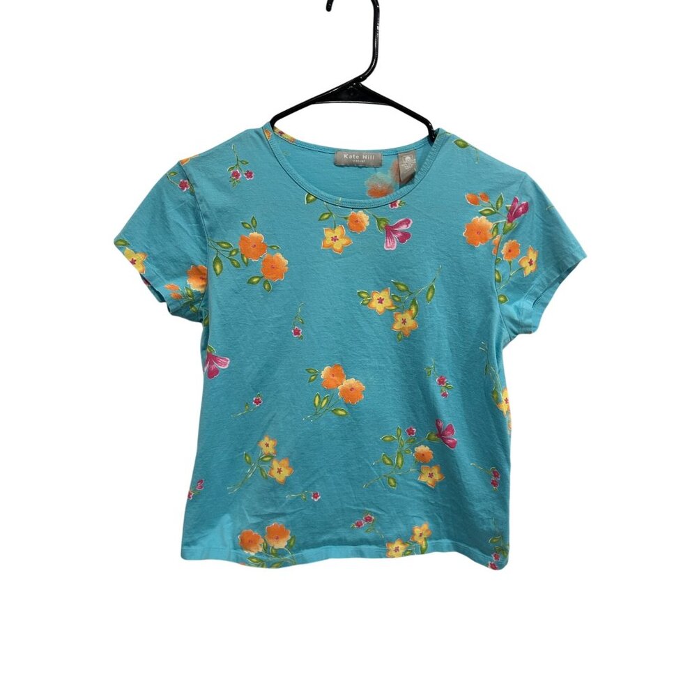 Kate Hill Floral Crewneck Short Sleeve T-Shirt Blue Orange Sz Medium Bohemian